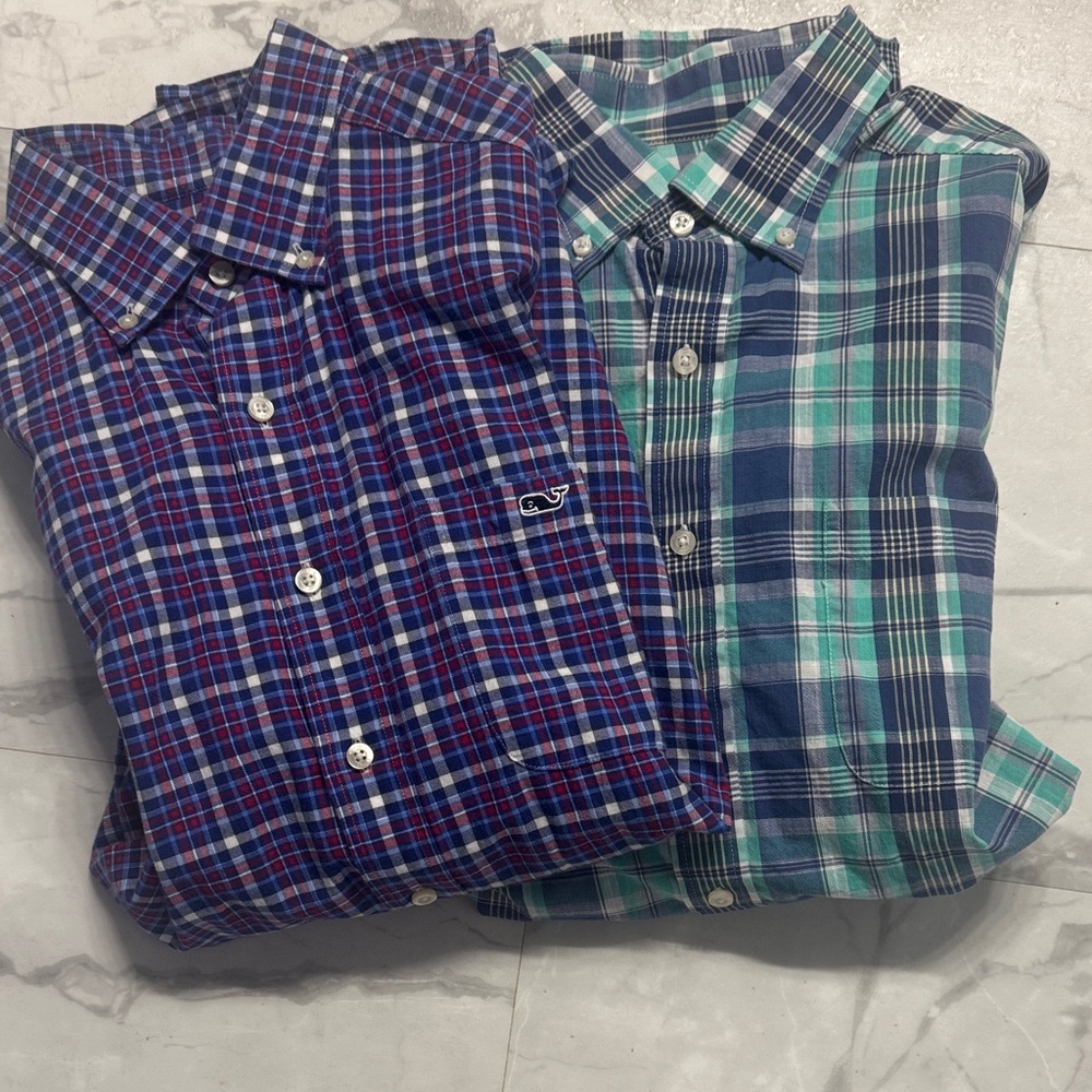 Vineyard Vines Blue and Green Plaid Dress Shirts
